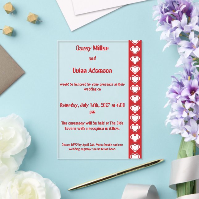 Our 8-Bit Hearts in Cherry Acrylic Wedding  Invitations (Insitu (Wedding))