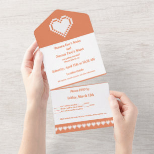 Our 8-bit Hearts in Coral All In One Invitation