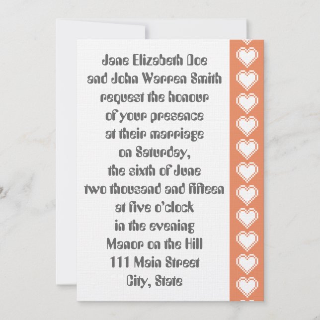 Our 8-Bit Hearts in Coral Wedding Invitation (Front)