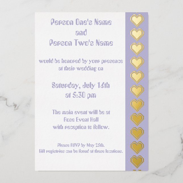Our 8-Bit Hearts in Lavender Foil Invitation (Front)
