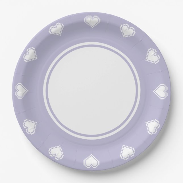 Our 8-Bit Hearts in Lavender Paper Plate (Front)