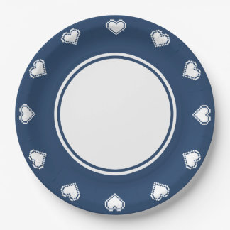 Our 8-Bit Hearts in Navy Paper Plate