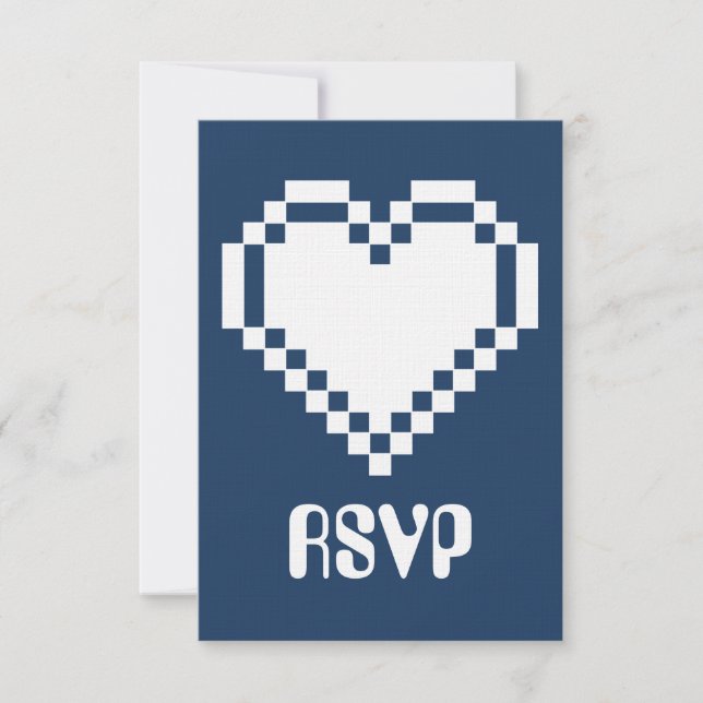 Our 8-Bit Hearts in Navy RSVP Card (Front)