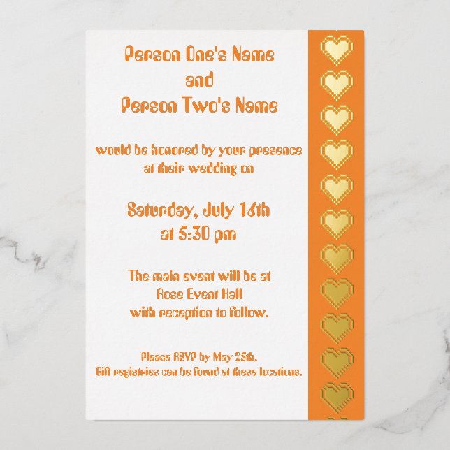 Our 8-Bit Hearts in Orange Foil Invitation (Front)