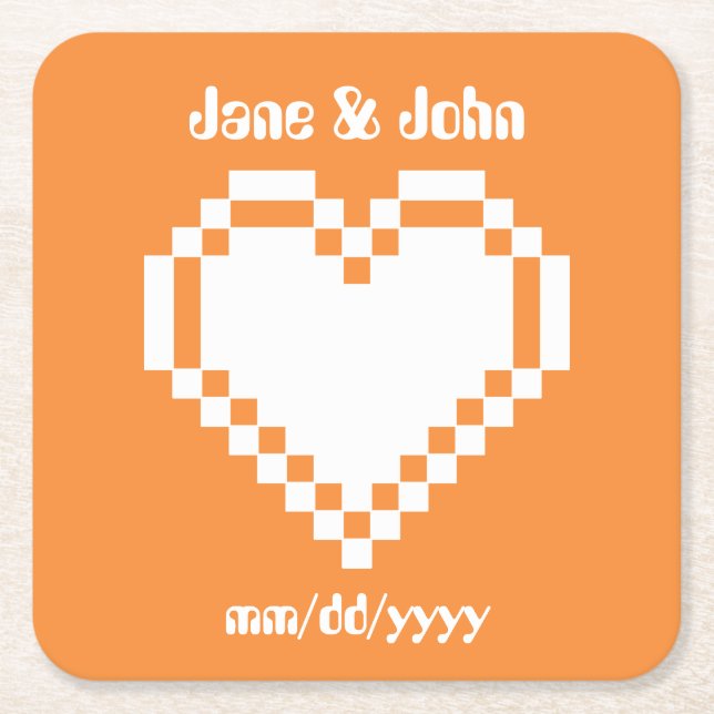 Our 8-Bit Hearts in Orange Paper Coaster (Front)