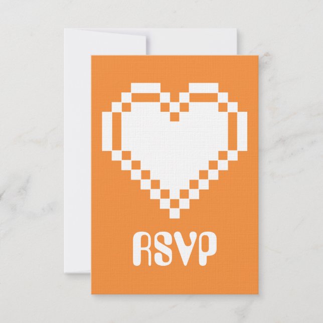 Our 8-Bit Hearts in Orange RSVP Card (Front)