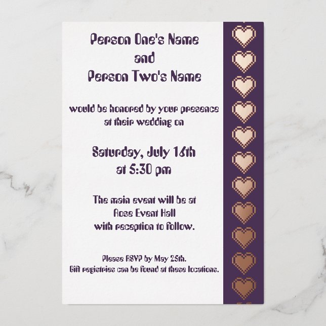 Our 8-Bit Hearts in Purple Foil Invitation (Front)