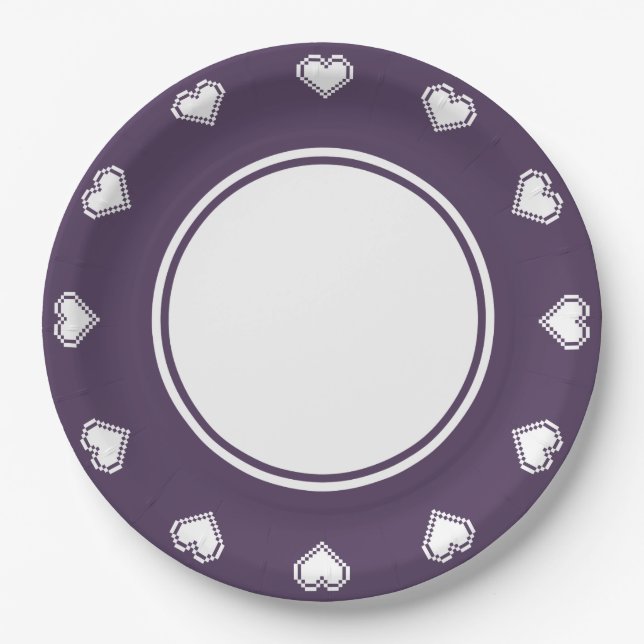 Our 8-Bit Hearts in Purple Paper Plate (Front)