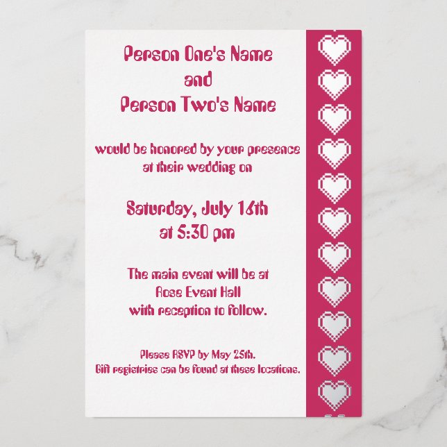 Our 8-Bit Hearts in Raspberry Foil Invitation (Front)