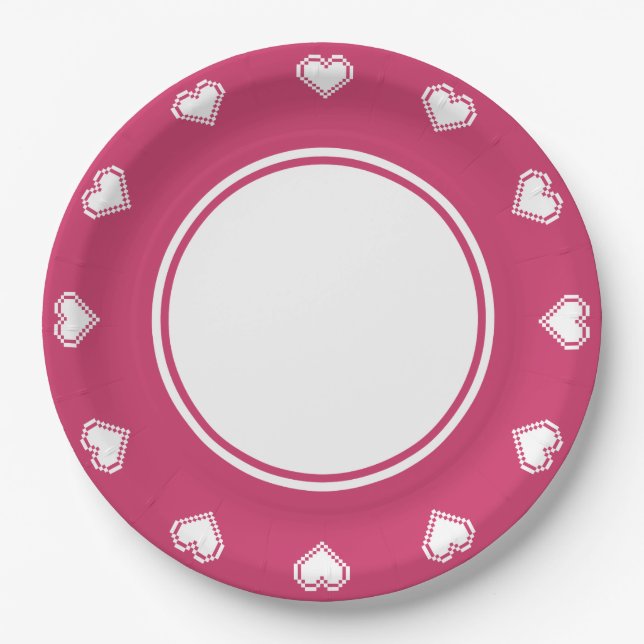Our 8-Bit Hearts in Raspberry Paper Plate (Front)