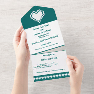 Our 8-bit Hearts in Teal All In One Invitation
