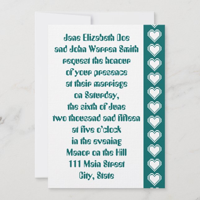 Our 8-Bit Hearts in Teal Wedding Invitation (Front)
