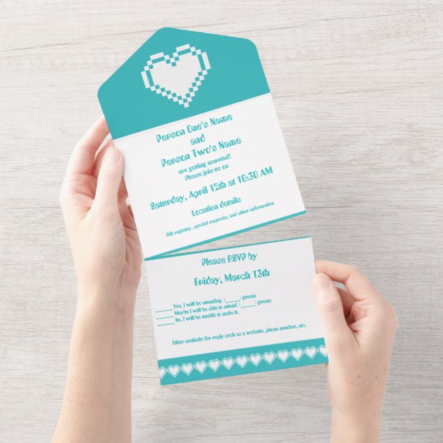 Our 8-bit Hearts in Turquoise All In One Invitation (Tearaway)