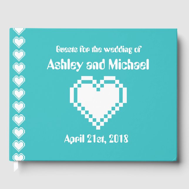 Our 8-Bit Hearts in Turquoise Guest Book (Front)