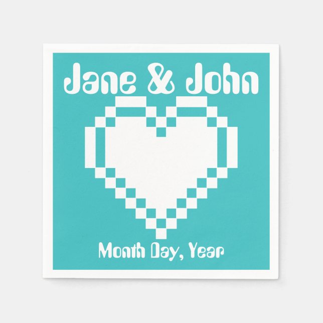 Our 8-Bit Hearts in Turquoise Napkins (Front)