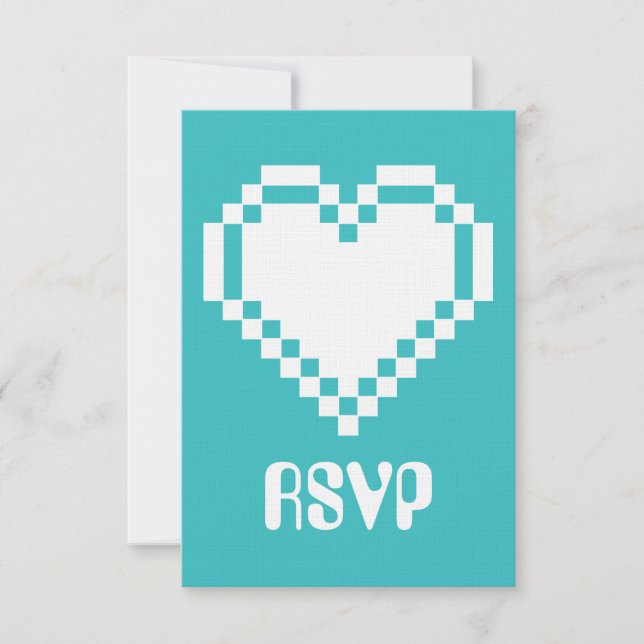Our 8-Bit Hearts in Turquoise RSVP Card (Front)