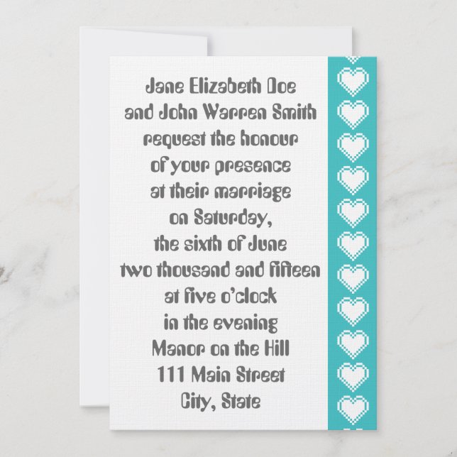 Our 8-Bit Hearts in Turquoise Wedding Invitation (Front)