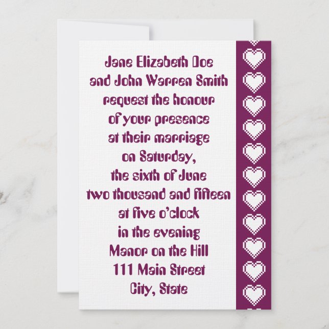 Our 8-Bit Hearts in Wine Wedding Invitation (Front)