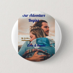 Our adventure begins add couple photo love &thanks 6 cm round badge
