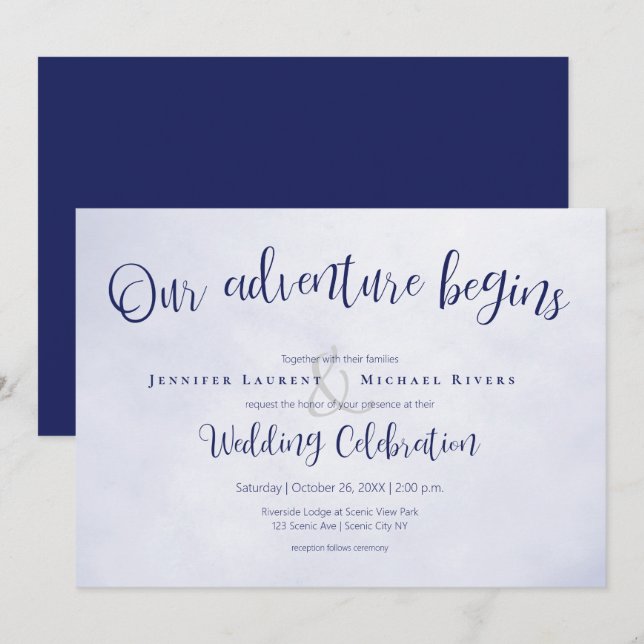 Our adventure begins blue typographic wedding invitation (Front/Back)