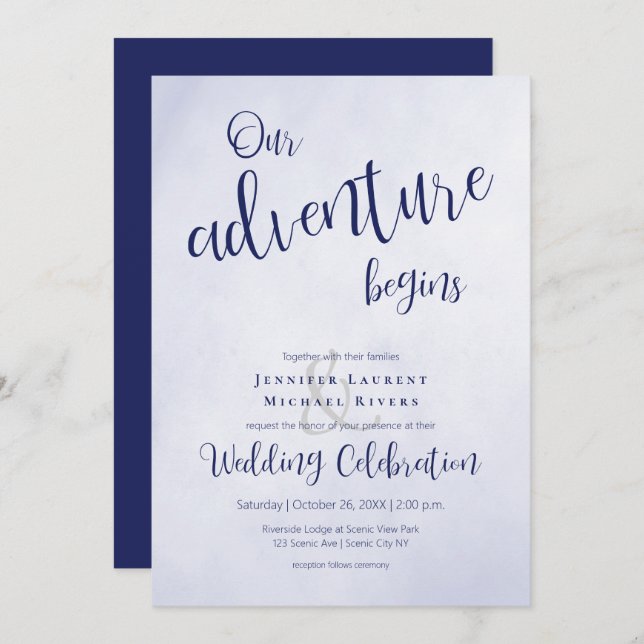 Our adventure begins blue typographic wedding invitation (Front/Back)