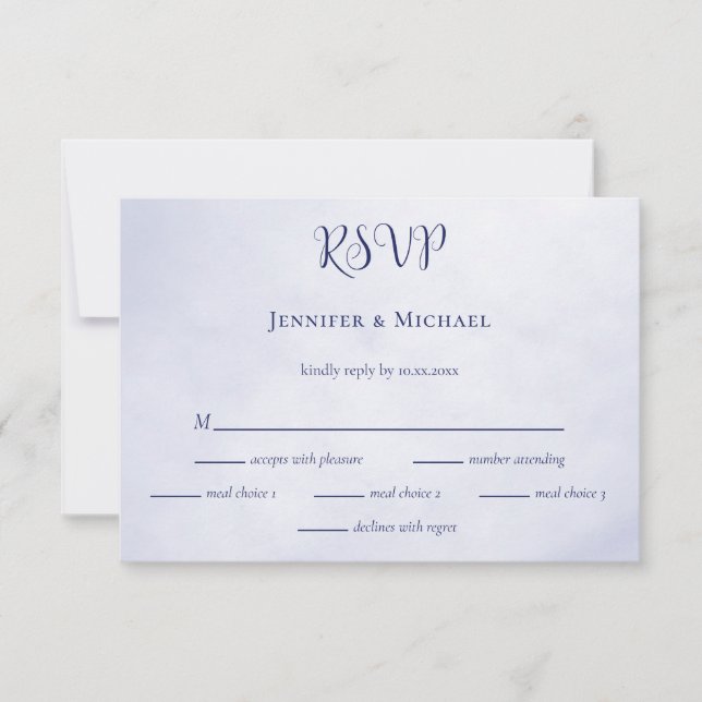 Our adventure begins blue typographic wedding RSVP card (Front)