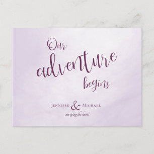 Our adventure begins calligraphy plum wedding announcement postcard