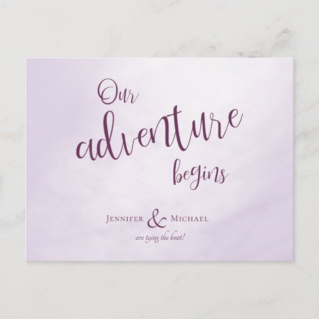 Our adventure begins calligraphy plum wedding announcement postcard (Front)