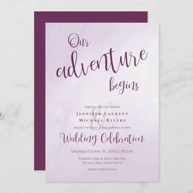 Our adventure begins calligraphy plum wedding invitation (Front/Back)