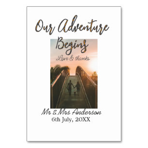 Our Adventure begins couple photo love & thanks Table Number