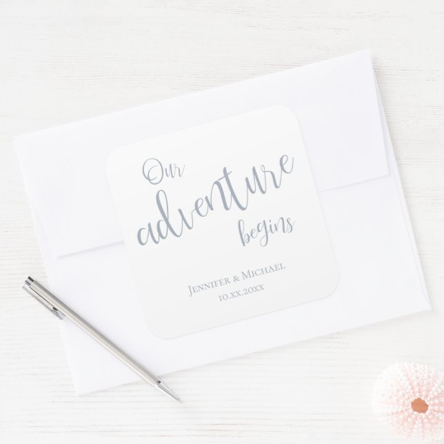 Our adventure begins dusty blue typography wedding square sticker (Envelope)