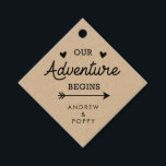 Our adventure begins hearts and arrows favour tags<br><div class="desc">A wedding favour tag featuring your names at the bottom. The design says "Our adventure begins" with love hearts and an arrow. A cute romantic design for your wedding day.</div>