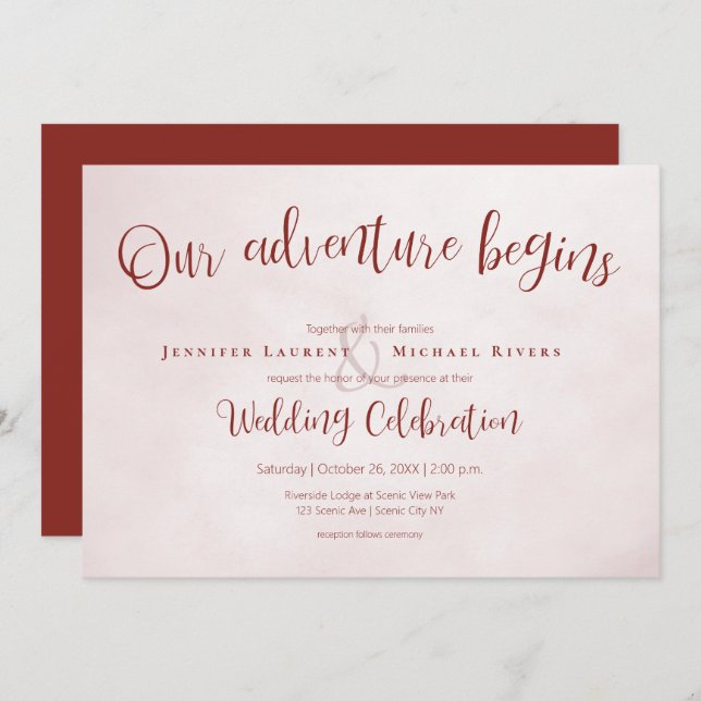 Our adventure begins maroon calligraphy wedding invitation (Front/Back)