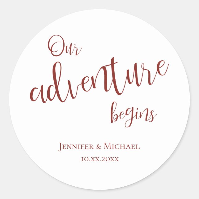 Our adventure begins maroon typography wedding classic round sticker (Front)