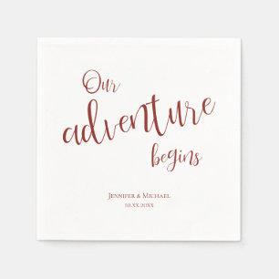 Our adventure begins maroon typography wedding napkin