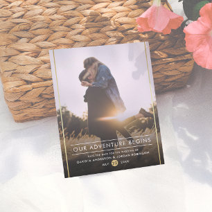 Our Adventure Begins Modern Typography Gold Photo Announcement Postcard