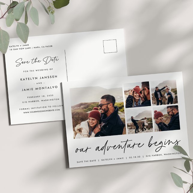 Our Adventure Begins | Multi Photo Save The Date Announcement Postcard (Creator Uploaded)