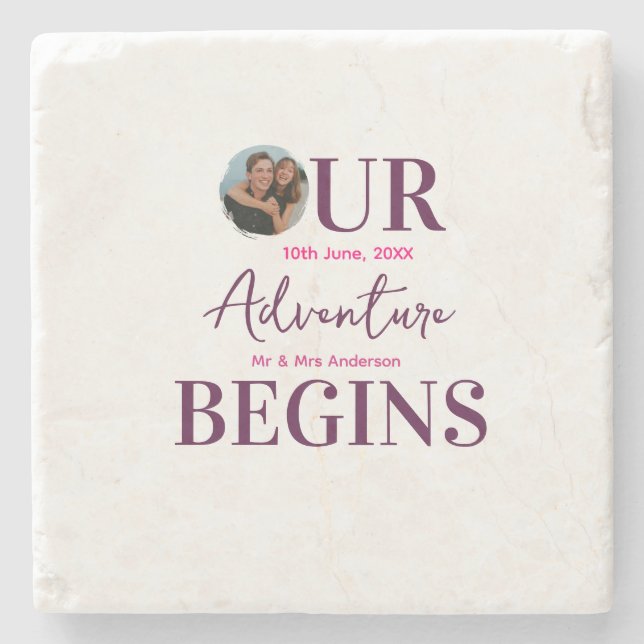 our adventure begins photo circular wedding couple stone coaster (Front)