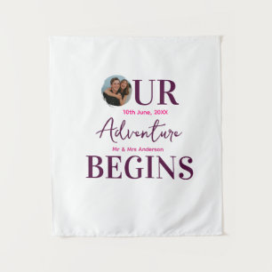 our adventure begins photo circular wedding couple tapestry