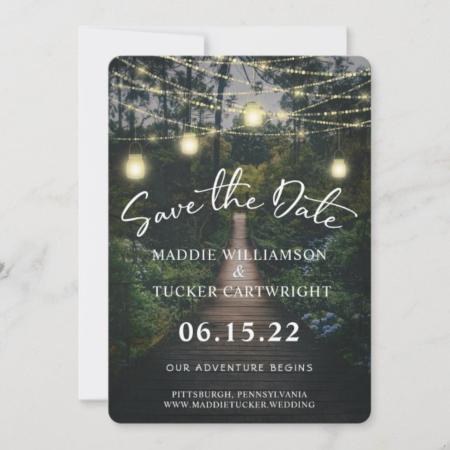 Our Adventure Begins | Rustic Forest Save the Date Invitation (Front)