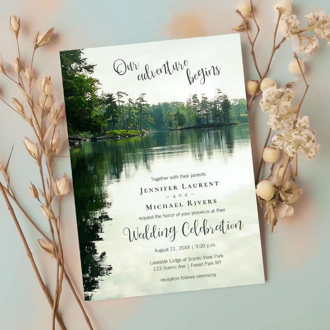 Our adventure begins rustic lakeside wedding invitation (Creator Uploaded)