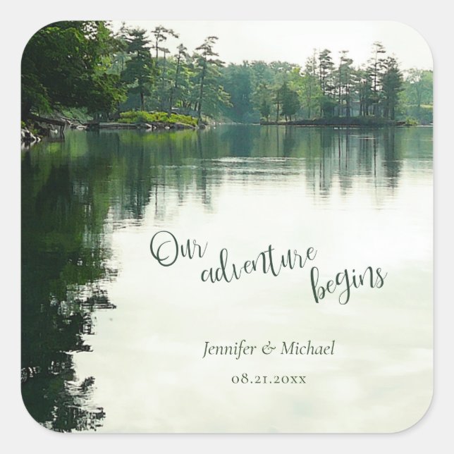 Our adventure begins rustic lakeside wedding square sticker (Front)