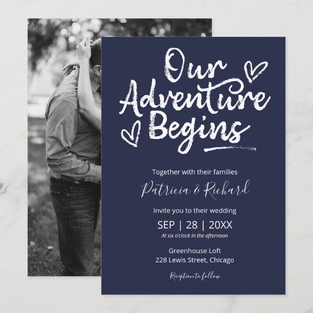 Our Adventure Begins Rustic Wedding Blue Invitation (Front/Back)