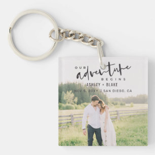 Our Adventure Begins Script Photo Save the Date Key Ring