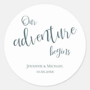 Our adventure begins teal typography wedding classic round sticker