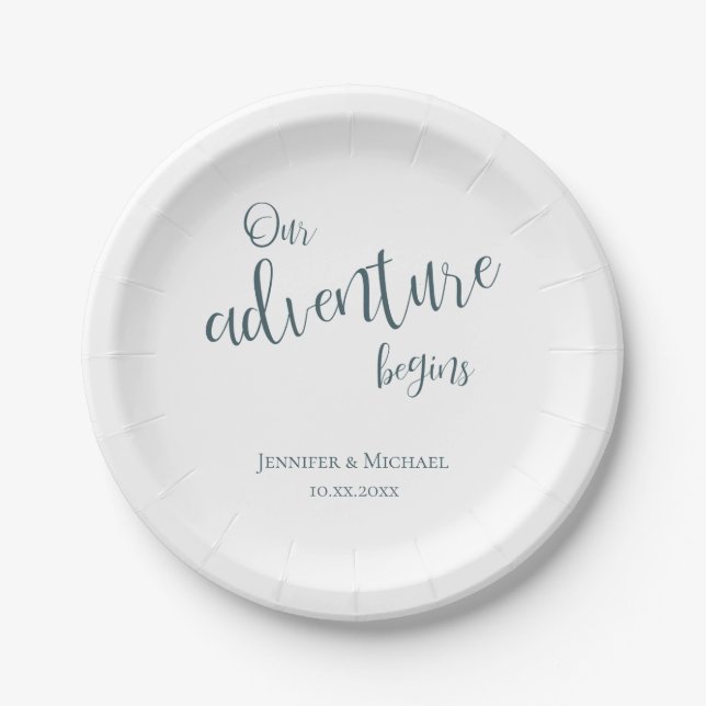 Our adventure begins teal typography wedding paper plate (Front)