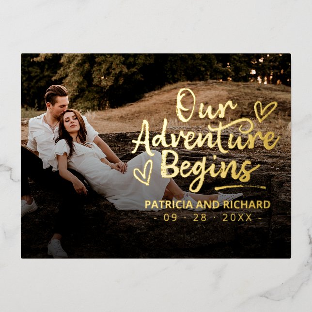 Our Adventure Begins Wedding Save The Date Photo   Foil Holiday Postcard (Front)