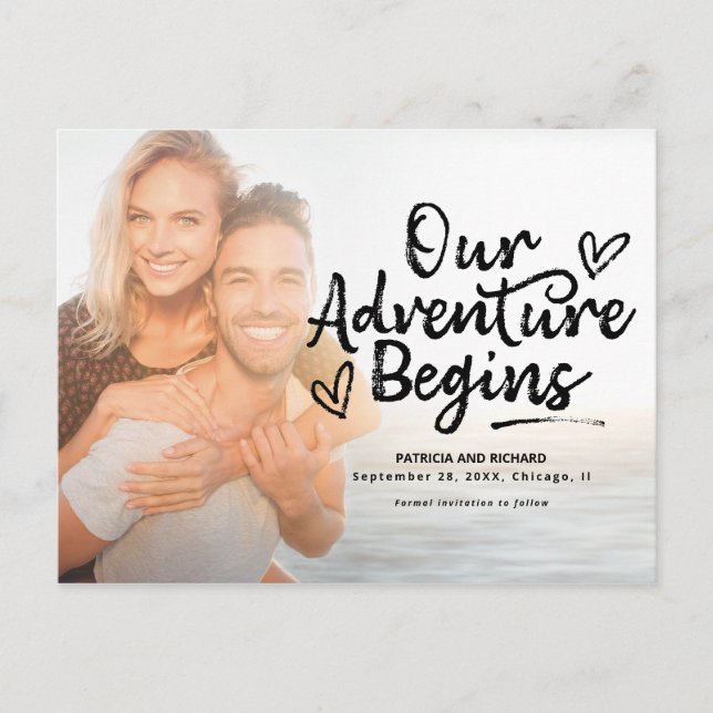 Our Adventure Begins Wedding Save The  Date Photo Postcard (Front)