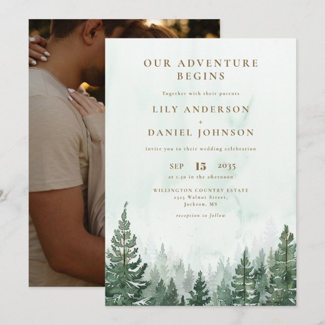 Our Adventure Rustic Pine Forest Photo Wedding Invitation (Front/Back)