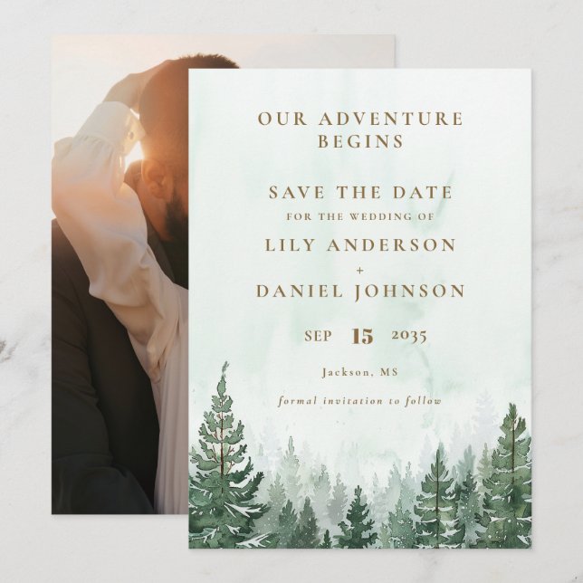 Our Adventure Rustic Pine Forest Photo Wedding Save The Date (Front/Back)